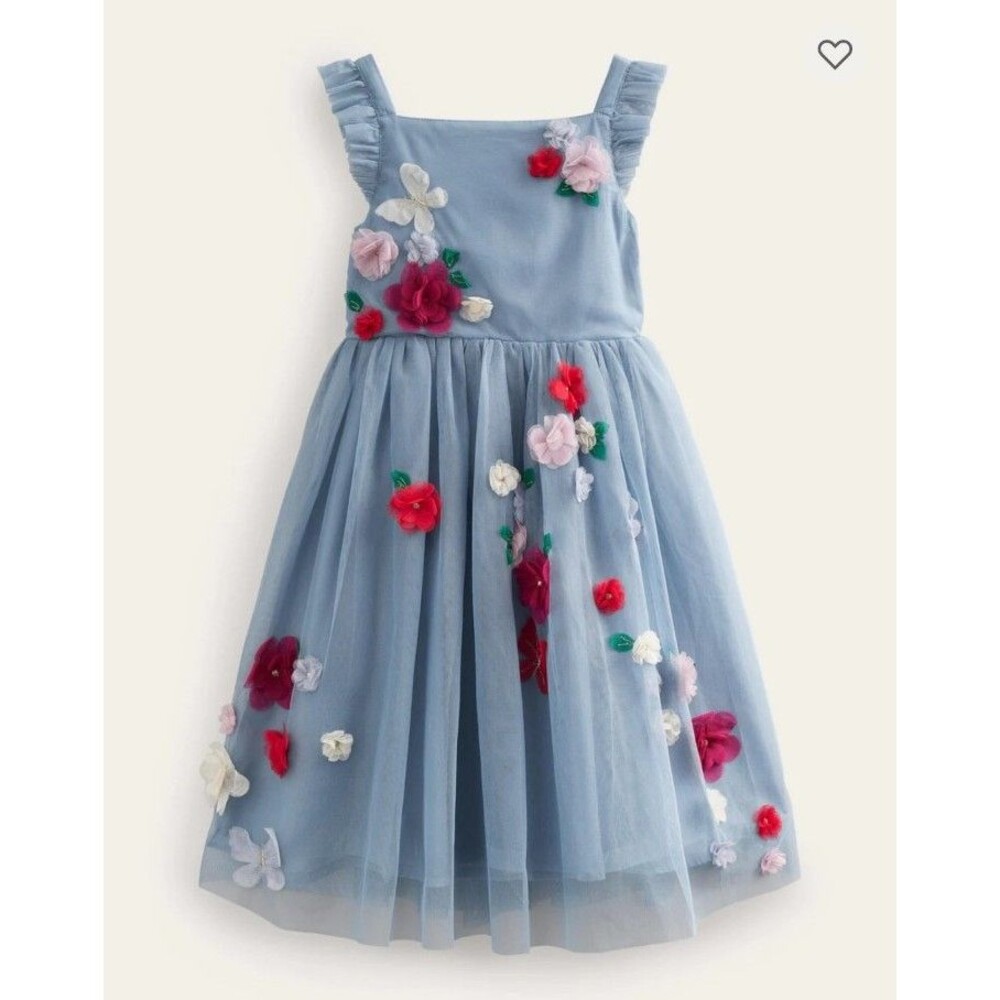 Mini Boden Girls flower Appliqué Tulle Dress Pebble blue size 4/5 GUC